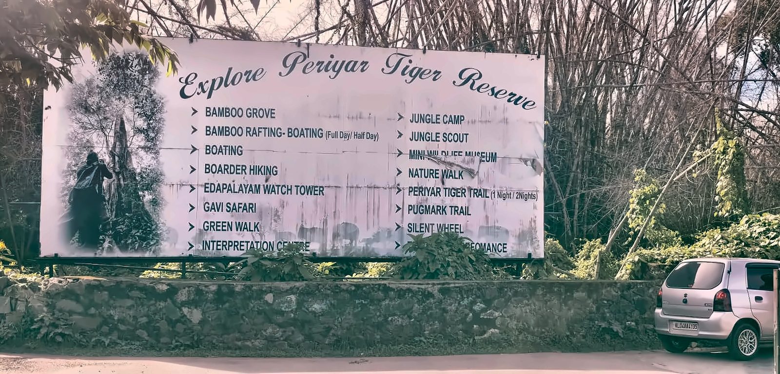 Explore Periyar Tiger Reserve signboard listing all activities
