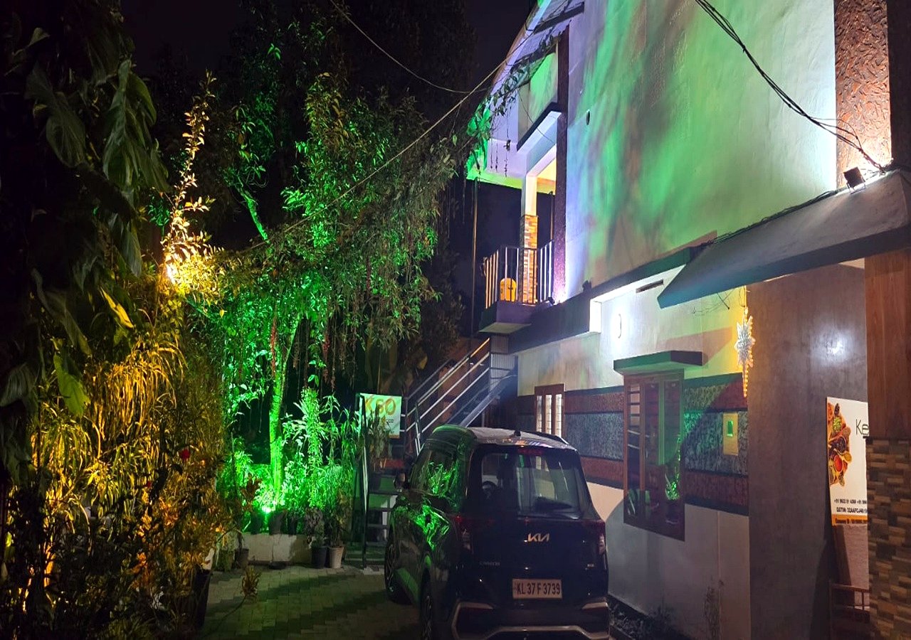 Kerala Spices Homestay night view with landscape lighting