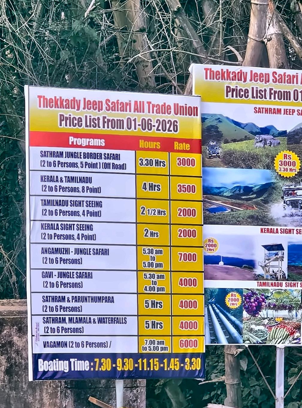 Thekkady Jeep Safari complete tariff and timings 2026